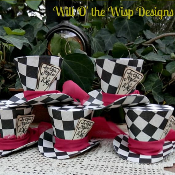 3" Checkered Mad Hatter Top Hats, Customize Tags, Alice in Wonderland Party Favors Il_570xn