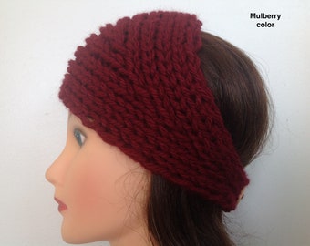 Wool blend Mulberry color Chunky Knitted Winter Ear Warmer, Hairband Headband with button,Soft headband