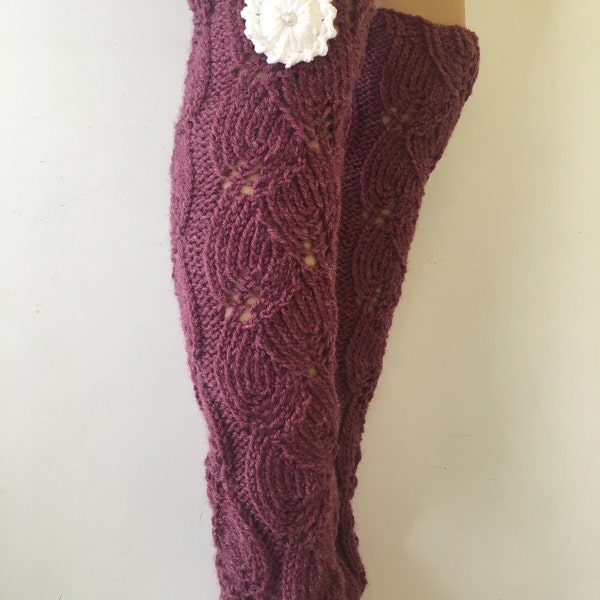 Knit Legwarmers, Leg Warmers with white flower, Leg warmers-Boot Cuffs, Women leg warmers,Dark Rose Color or Select Color