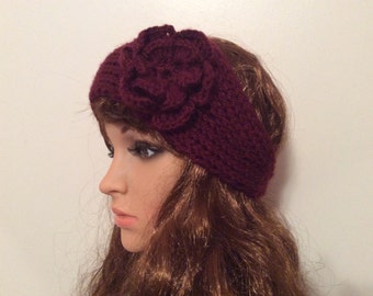 Knitted Headband for adult, for girls, for toddlers With Crochet Flower, Winter Ear Warmer, Hairband Head wrap with button closure