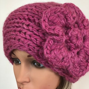 Alpaca chunky Knitted Winter Ear Warmer, Headband with button closure , and with flower in Pink color, soft alpaca headband for women
