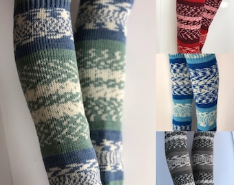 May include: A pair of long, knitted leg warmers in a variety of colors and patterns. The leg warmers are made with a thick yarn and have a cable knit design. The leg warmers are shown in blue, green, red, gray, and white.