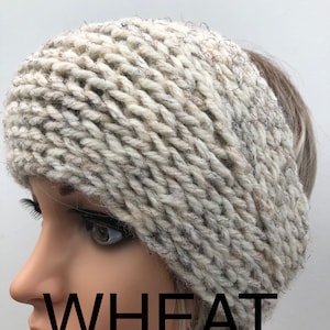 Chunky Knitted Wheat color Winter Ear Warmer, Hairband Headband with button, Wool Blend, select color