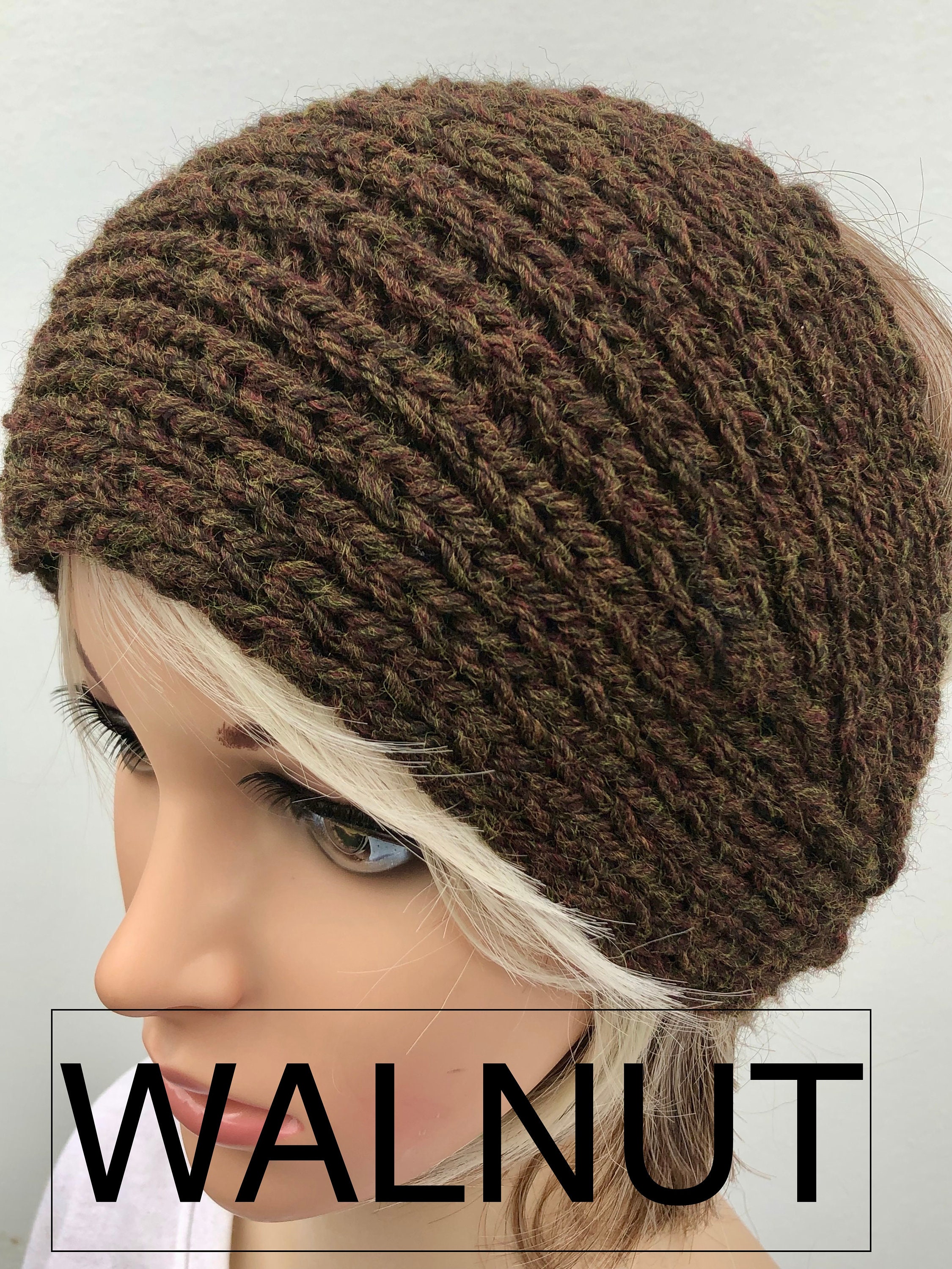 Walnut  color Wool blend Chunky Knitted Winter Ear Warmer, Hairband Headband with button Select color