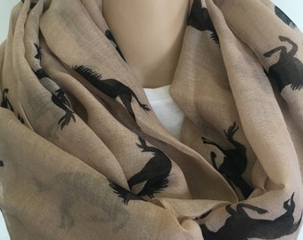 Horse print Long Soft wrap Lady Shawl , Accessories, Silk Chiffon Scarf, Women's Fashion scarf, beige color scarf