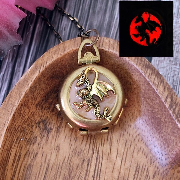 Dragon locket for photos, 4 picture dragon locket, hand painted dragon locket, Glow in the dark dragon locket, handmade dragon pendant