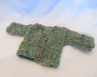 Hand Knit 14''- 14 1/2'' Doll Sweater, Fits Wellie Wisher Dolls & Others, Green Heathery Yarn With Flecks of Blue, Brown, Buttons Down Front