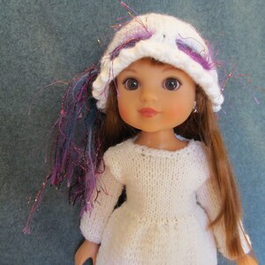 Doll Hat For 14&#39;&#39; and 14 1/2&#39;&#39; Dolls - Such as Wellie Wishers, Hand Knit White Hat With Purple Fuzzy and Shiny Yarn, Cute Doll Hat