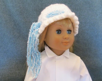 White and Soft Blue Doll Hat, White / Blue Trim 18'' Doll Hat, Hat for American Girl or Our Generation Dolls, Light Blue Trim On White Hat