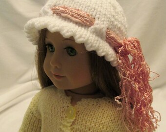 White and Pink Hat for 18'' Dolls , White Hat with Nubby Pink Trim, School, Casual, Play, Everyday, Church or Any Time Hat, Snug Fitting