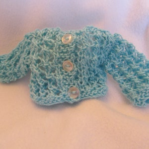 Button Down Sweater for 14&#39;&#39; or 14 1/2&#39;&#39; Dolls, Hand Knit Doll Sweater in a Aqua Colored Yarn, Hand Knit in an Open Stitch for an Airy Look