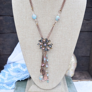 Romantic Necklace, Assemblage Necklace, Pink Rose, Pink Crystal, OOAK Necklace, Ethereal, Vintage Pendant, Glass Beads, Blue Rhinestones