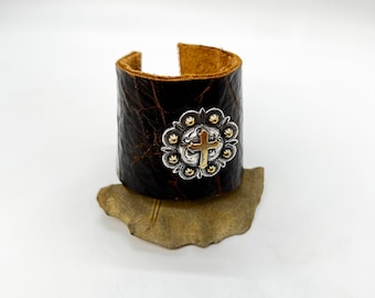 Western Cross Concho Brown Distressed Leather Cuff Bracelet