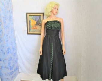 40s S Taffeta Strapless Party Dress Black Forest Green