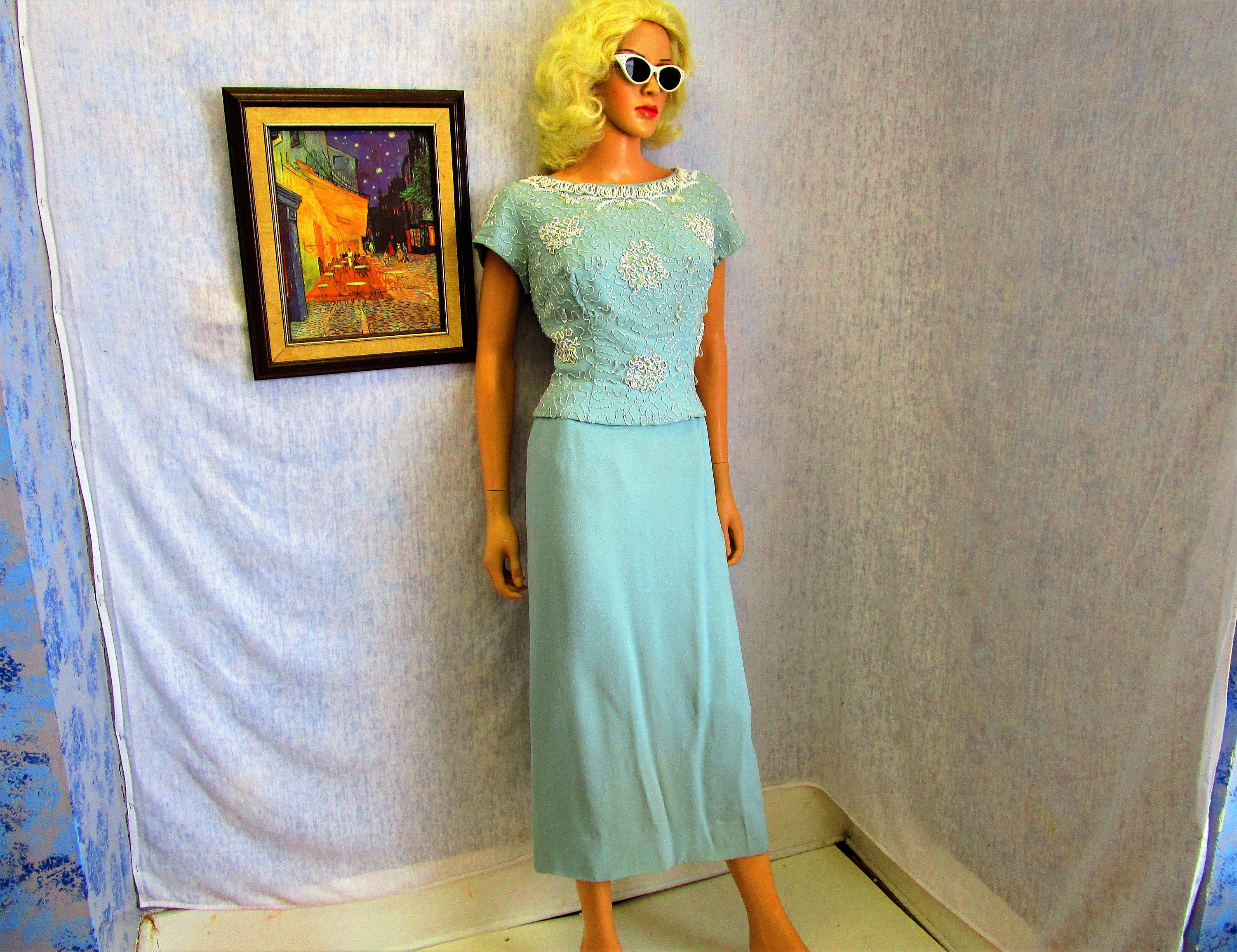 50er Jahre L Herr Frank Perlen Crepe Abendkleid Seafoam grün | Etsy