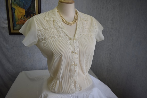 1940s L Jami Sheer Nylon Lace RS/S Blouse Off Whit