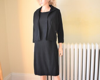 50s M Little Black Dress & Jacket Wool Crepe Sheath Dress 3/4 Sleeve