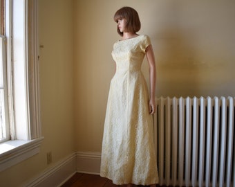 60s M Lace Princess Prom Bridesmaid Dress Cotillion Evening Gown Butter Yellow