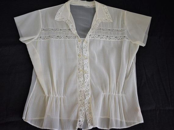 30s-40s M Jami Sheer Nylon Lace RS/S Blouse Off White - Gem