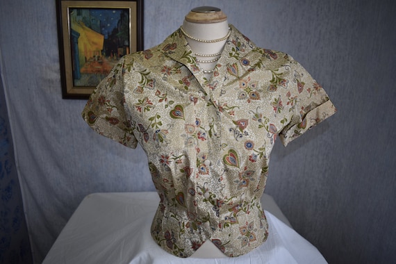 1940s M Hand Painted Paisley Chintz Silk Taffeta S