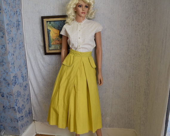 40s 26" Gay Palmer Cotton Skirt Chartreuse Yellow