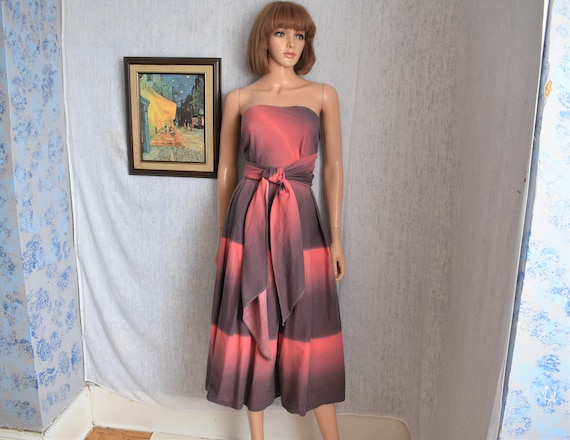 50s M Cotton Strapless Wrap Dress Pink Gray Stripe