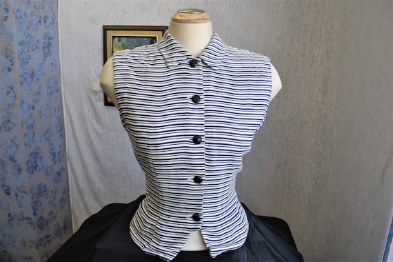 1940s M Cotton Sleeveless Blouse Navy Blue White S