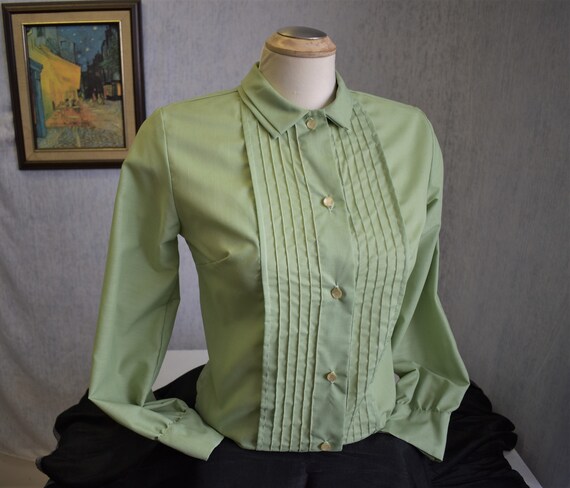 1960s S M Poly Cotton L/S Blouse Avocado Green