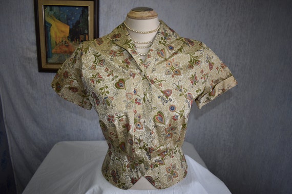 1940s M Silk Hand Painted Taffeta Paisley Chintz S