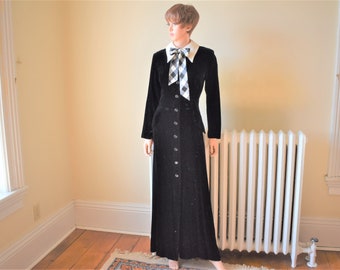 30s XL Velvet Sheath Coat Dress Cocktail Evening Gown Black Taffeta Tie