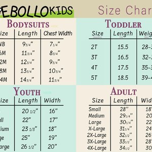 Puede incluir: Tabla de tallas para ropa EBOLLOKIDS, incluyendo tallas de bodies, ni&ntilde;os peque&ntilde;os, j&oacute;venes y adultos. Las medidas est&aacute;n en pulgadas y libras. La tabla incluye largo, ancho de pecho y peso para cada talla.