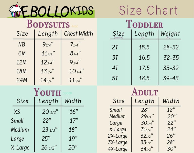 Puede incluir: Tabla de tallas para ropa EBOLLOKIDS, incluyendo tallas de bodies, ni&ntilde;os peque&ntilde;os, j&oacute;venes y adultos. Las medidas est&aacute;n en pulgadas y libras. La tabla incluye largo, ancho de pecho y peso para cada talla.