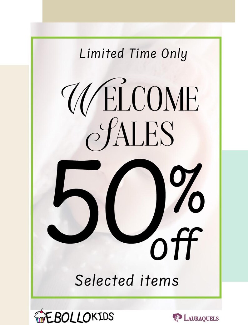 Puede incluir: Gr&aacute;fico promocional con fondo blanco y borde verde. El texto dice "Limited Time Only" y "WELCOME SALES 50% off Selected items." El logotipo de EBOLOKIDS est&aacute; en la esquina inferior izquierda.