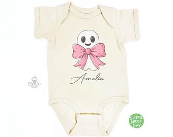 Body de Halloween personalizado con fantasma para bebé: Body con nombre personalizado y lazo rosa