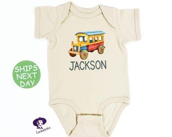 Personalized Wooden Car Baby Onesie®: Vintage Style Back to School Bodysuit