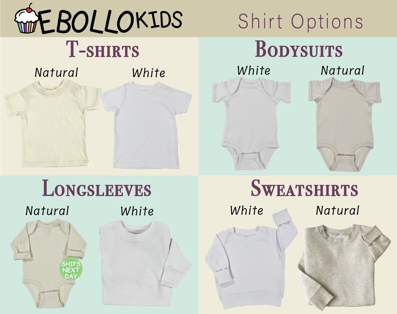 Puede incluir: Imagen que muestra varias opciones de camisetas para ni&ntilde;os de EBOLLOKIDS. La imagen muestra camisetas, bodies, mangas largas y sudaderas en colores naturales y blancos. El texto "SHIPS NEXT DAY" es visible en uno de los bodies.