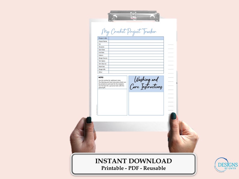 Crochet Project Tracker, Fillable Template, Printable PDF Form, Crochet Project Planner, Care Instruction Card, Printable, Instant Download image 3