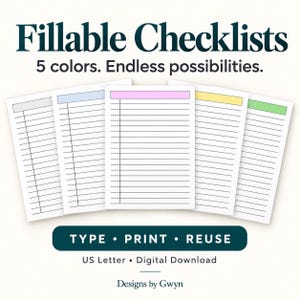 Ausfüllbare Checklisten-PDF-Sammlung, 5 farbcodierte Aufgabenlisten, druckbare Seiten im US-Letter-Format