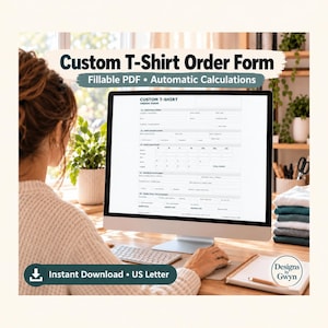 Pode incluir: Um formulário digital de pedido de camisetas personalizado em um monitor de computador. O formulário inclui seções para detalhes do cliente, especificações, tamanhos, design e totais. O texto diz: Custom T-Shirt Order Form.