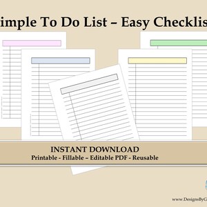 Puede incluir: Cinco plantillas de lista de tareas imprimibles con diferentes barras de encabezado de colores. Las barras de encabezado son rosa, azul claro, blanco, amarillo y verde claro. El texto de la imagen dice "Simple To Do List - Easy Checklist" y "Descarga instantánea Imprimible - Rellenable - PDF editable - Reutilizable".