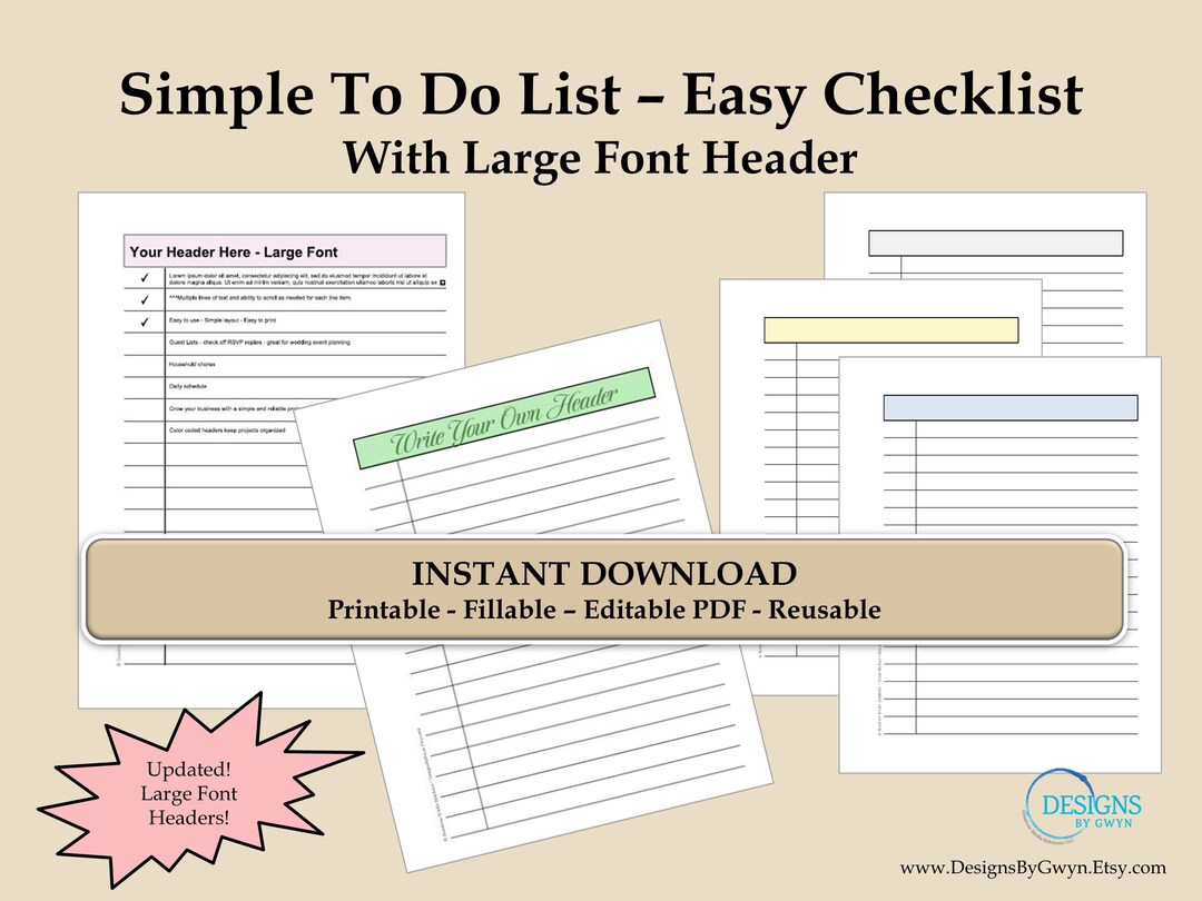 Printable Checklist Template, Editable PDF, Simple Design (digital ...