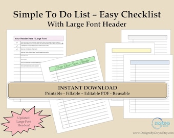 Checklist Template Bundle - To Do List Fillable – PDF Editable, Pretty Colors Easy Printable Simple Check List-Instant Download