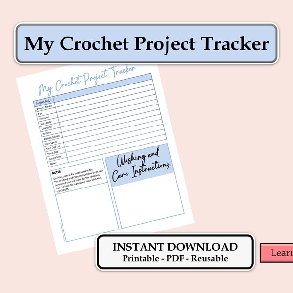 Crochet Project Tracker, Fillable Template, Printable PDF Form, Crochet Project Planner, Care Instruction Card, Printable, Instant Download