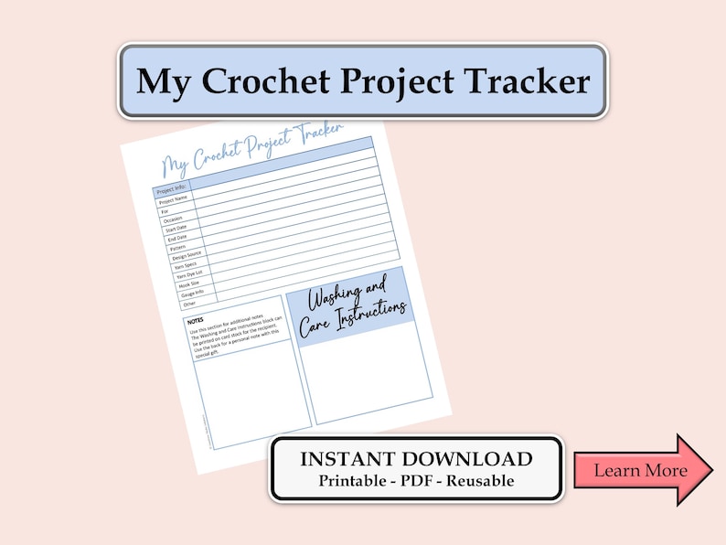 Crochet Project Tracker, Fillable Template, Printable PDF Form, Crochet Project Planner, Care Instruction Card, Printable, Instant Download image 1