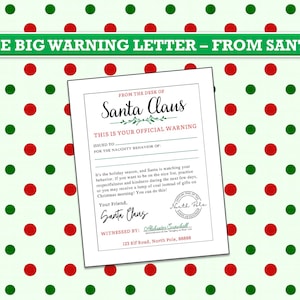 PRINTABLE Warning Letter from Santa, Naughty List Confirmation, Santa Claus, Christmas Eve, Dear Santa, download .jpg file template