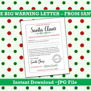 PRINTABLE Warning Letter From Santa, Naughty List Confirmation, Santa ...