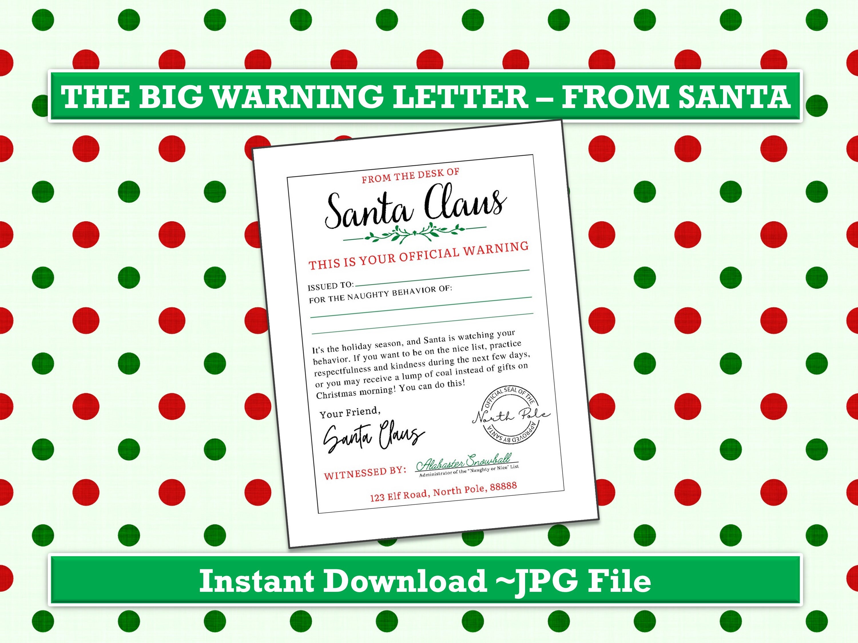 PRINTABLE Warning Letter From Santa, Naughty List Confirmation, Santa ...