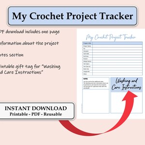 Crochet Project Tracker, Fillable Template, Printable PDF Form, Crochet Project Planner, Care Instruction Card, Printable, Instant Download image 2