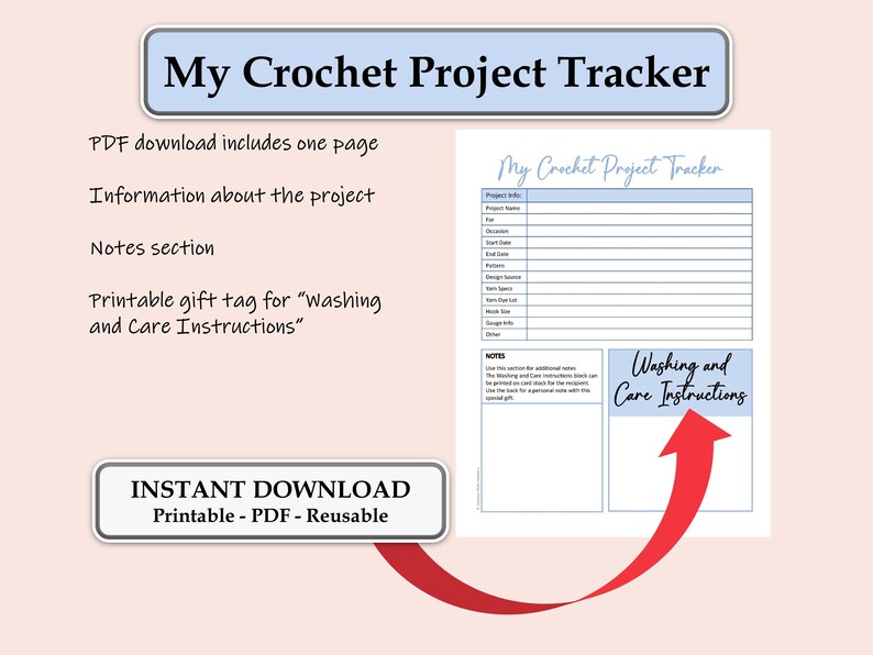 Crochet Project Tracker, Fillable Template, Printable PDF Form, Crochet Project Planner, Care Instruction Card, Printable, Instant Download image 2