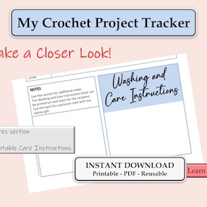 Crochet Project Tracker, Fillable Template, Printable PDF Form, Crochet Project Planner, Care Instruction Card, Printable, Instant Download image 5